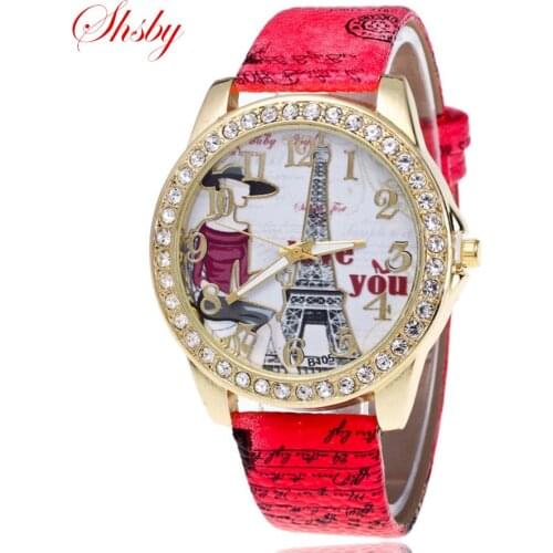 Shsby Brand Eiffel Tower Leather Strap WristWatches Ladies Rhinestone Quartz Watch Women dress Watches femme love Casual watch