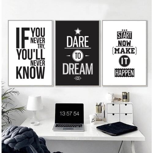 Black and White Dream Quote Letters Kids Wall Art Canvas Painting POP Poster and Print Pictures for Bedroom Home Decor Gift