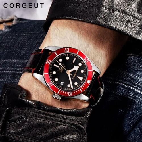 Corgeut Automatic Men Watches Military Schwarz Bay Wristwatch Leather lume Waterproof Sport Swim Male Clock Relogio Masculino