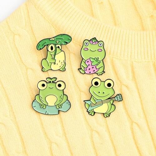 The Frog Family Enamel Pin Frog holding strawberry and playing piano Brooches Bag Lapel Pin Badge Jewelry Gifts for Kids Friends
