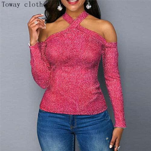 Contrast Cold Shoulder T Shirt Backless long sleeve Solid Halter Wild Slim Women Bodycon Tees