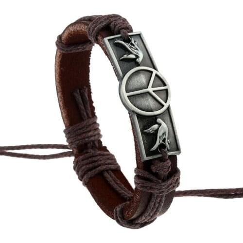 Fashion Peace Charm Bracelet Wrap Retro Alloy Bird of Peace Dove Pigeon Genuine Leather Bangle Wristband Casual Handmade Jewelry