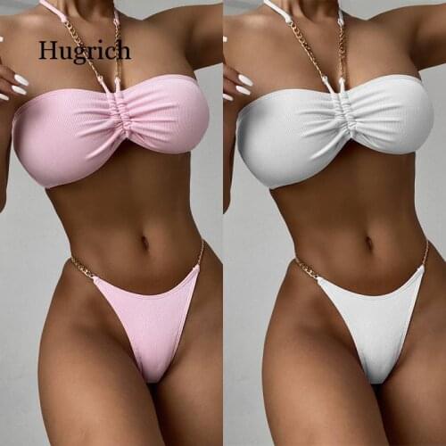 New Solid White Pink Bikini Chain Swimming Wear Summer Swimsuit Womens Bandage Two Peices Set for Beach