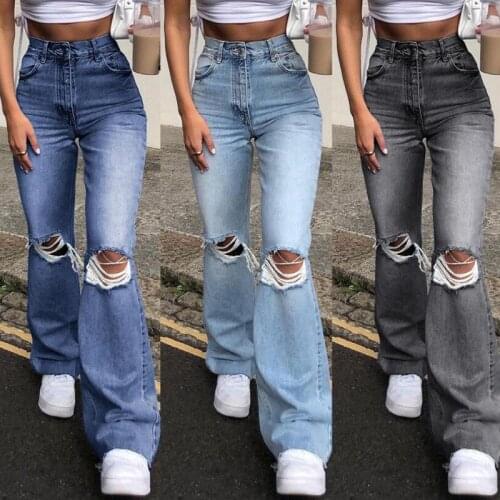 New Womens Fashion High Waist Denim Pants Street Style Wide-leg Ripped Hole Jeans Casual Skinny Flared Trousers