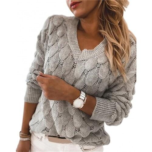 New Women Autumn Sweaters Long Sleeve Casual V Neck Solid Color Winter Plus Size Knitted Hollow Out Jumpers