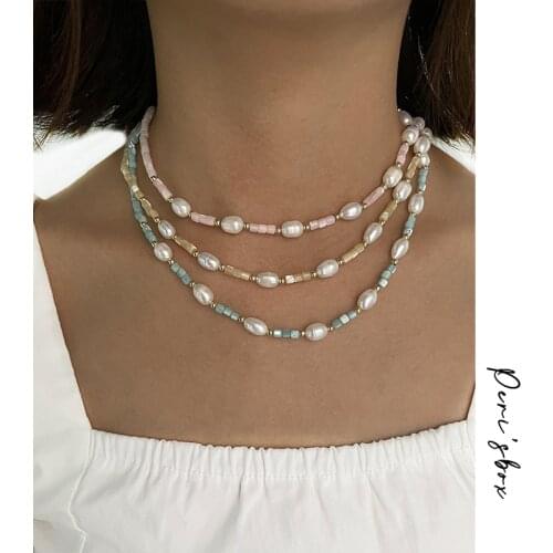 PerisBox French Delicate Freshwater Pearl Acrylic Bead Chain Necklaces Sweet Color Beaded Chain Necklace For Women Jewelry