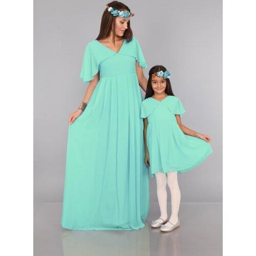 Angel Sleeve Mother Daughter Dress Chiffon A-line Midi Solid Color Short Sleeve Woven Zipper Classic V-Neck green