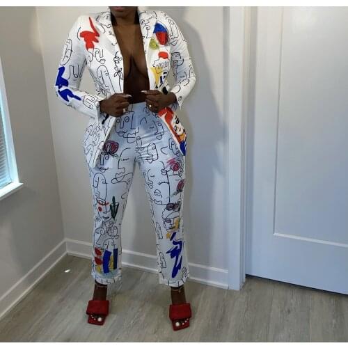 RMSFE 2021 WomenS Long Sleeve Lapel Sexy Fashion Printing Cartoon Temperament Two Piece Set