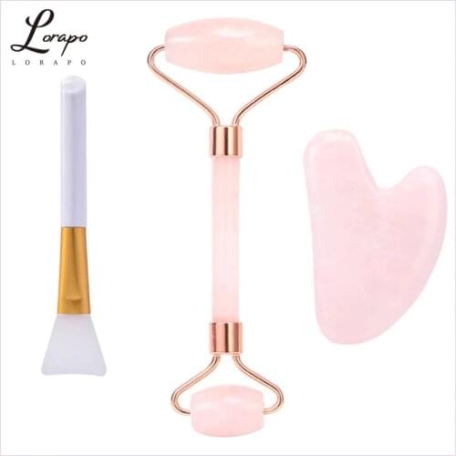 Rose Quartz Roller Facial Massager Powder Crystal Wheel Jade Roller Scraper Mask Brush Three-piece Skin Care Custom Wholesale