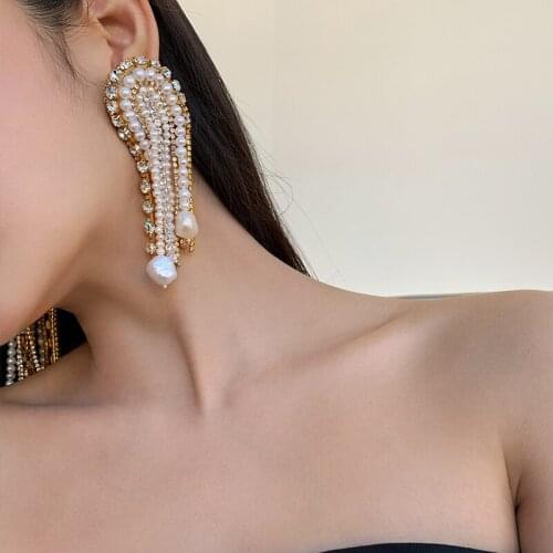Brass With 18K Gold Real Pearl Zirconia Tassel Drop Earrings Women Jewelry Punk Party Gown Runway Rare South Korean Japan