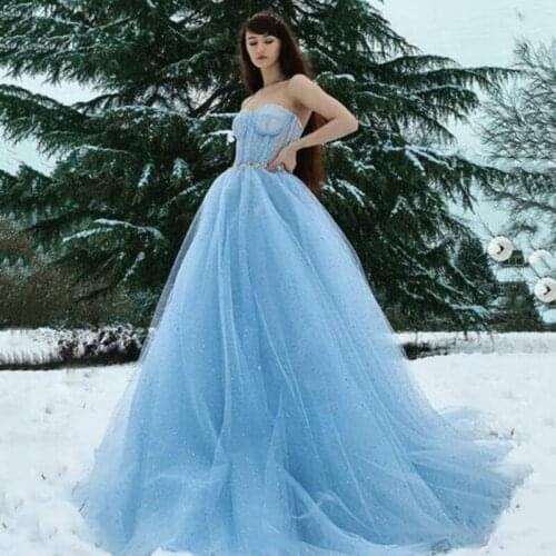 SoDigne Blue Glitter Tulle Prom Dress Sweetheart Sexy Backless Shiny Long Party Dress With Belt Formal Evening Gowns For Women