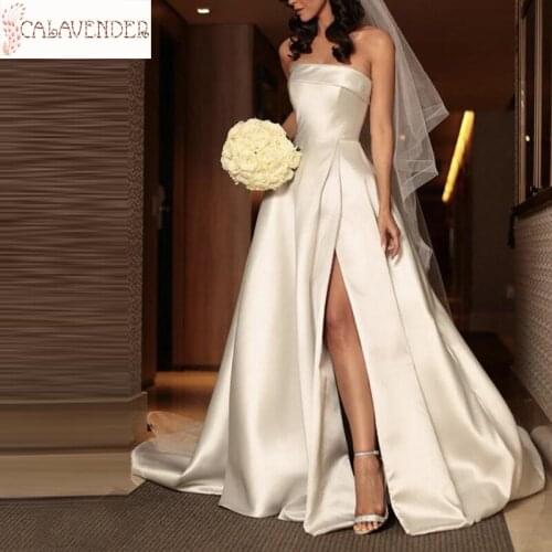 Strapless A Line Wedding Dresses 2020 White Satin Wedding Gown Side Split Bridal Dress
