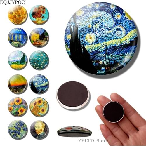 Van Gogh Art Fridge Magnet 30MM Starry Night Refrigerator Magnets Iris Sunflower Almond Fridge Stickers Refrigerator Decoration