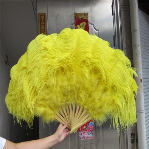 High Quality 12 Bones Big Yellow Ostrich Feather Fan Halloween Party Ornament Decor Necessary Handheld Feathers For Crafts