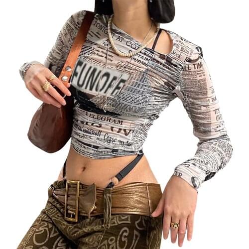 Women See-through Mesh T-shirt, Adults Sexy Newspaper Print Long Sleeves Round Neck Crop Tops