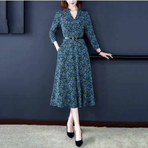 Vestidos V-neck Seven-point Sleeve Retro Printed Knitted Dress Autumn 2020 Temperament Floral Mid-length Elegant Dresses Z605