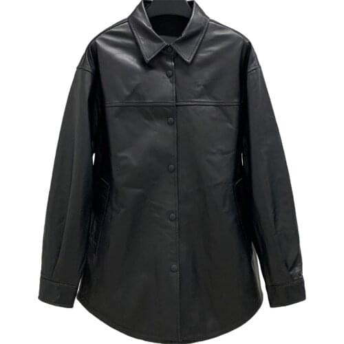 2021 Autumn New Leather Clothes Womens Single Breasted Square Neck Leather Jacket Sheep Skin Shirt Casual Coat Fashion