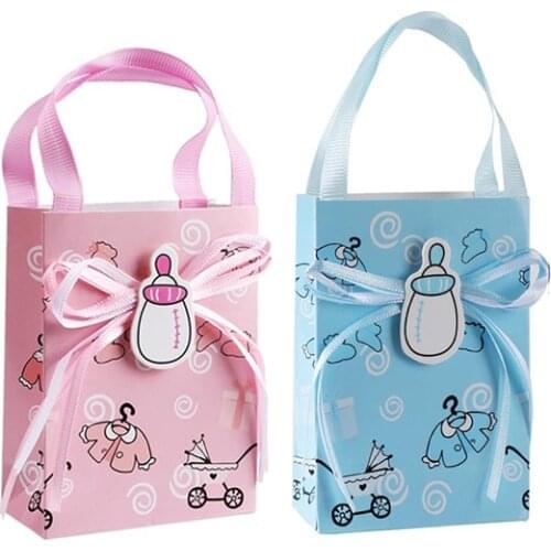 24pcs Pink Blue Candy Box Baby Shower Birthday Party Milk Bottle Mini Tote Favor Bags With Handle Birthday Gift Bags MD21