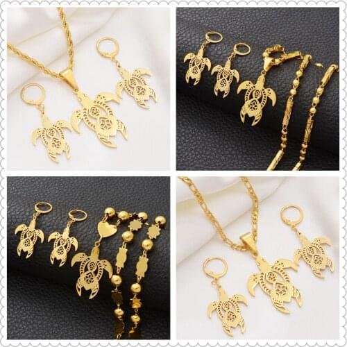 Anniyo Hawaii Turtle Flowers Necklaces Earrings Micronesia Party Jewelry sets Guam Tortoise Women Girls Birthday Gift #108321