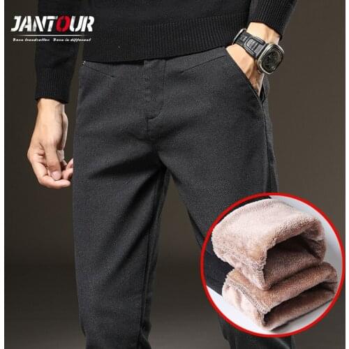 Jantour Fleece Men Pants Winter Fashion Pocket Button Long Pants High Quality Casual Straight Black Gray Thicken Trousers 28-38