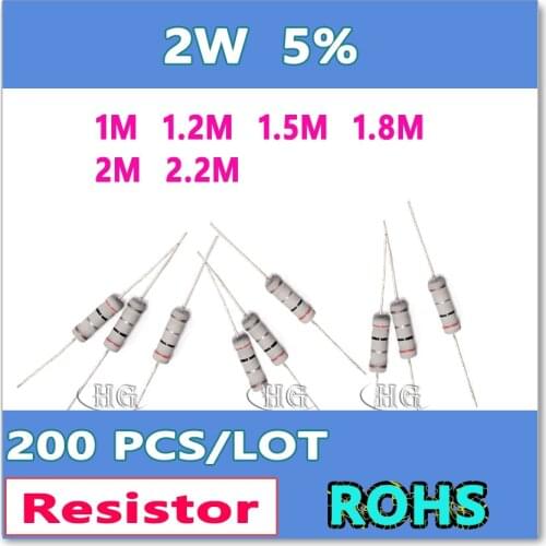 JASNPROSMA 200PCS/LOT 5% 2W 1M 1.2M 1.5M 1.8M 2M 2.2M carbon film DIP OHM Resistor