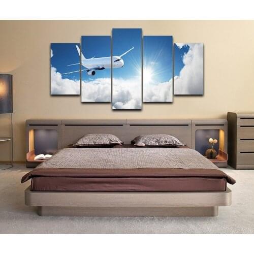 Canvas Painting HD Printed Living Room Art 5 Pieces Aircraft Flying With Cloud Poster Home Decor Blue Sky Airplane framework