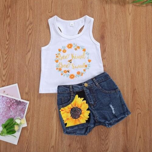 Infant Baby Girls Sunflower Fashion 2Pcs Outfit Set Fashion Print Tank Top and Denim Shorts Set