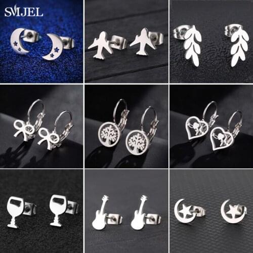 SMJEL kolczyki Cute Stainless Steel Small Earrings for Women Unique Leaf Guitar Tea Glass Stud Earring Piercing Pendients femme