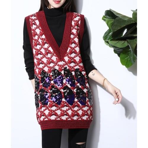 Fashion Flower Jacquard Embroidered Sequin Sweater Dress Women V Neck Sleeveless Long Casual Vest Spring Knitted Sweater Jumper