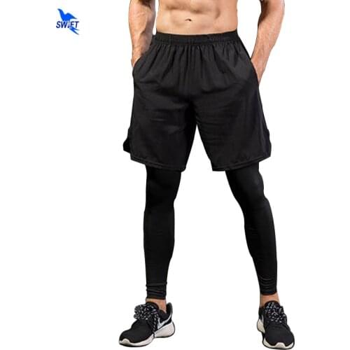Mens Fake 2 in 1 Running Shorts + Pants Quick Dry Compression Running Tights Training Fitness Cycling Pockets Sports Leggings