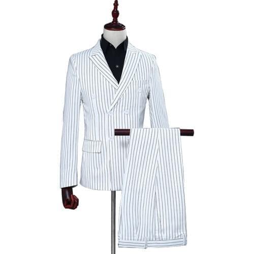 White Stripe Elegant Suit Blazer With Pants 2 Pieces Set Men Business Slim Formal Jacket For Shows Party Double Breasted Coat