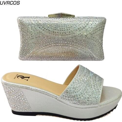 Latest Design Italian Silver Color African Matching Ladies Shoe and Bag Set In Women High Heels Women Weddding Bag Set for Party