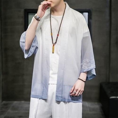 2021 New Hanfu Men Ice Silk Cardigan Shirt Men Chinese Style Open Stitch Outwear Man Robe Trench Sun Protection Tops