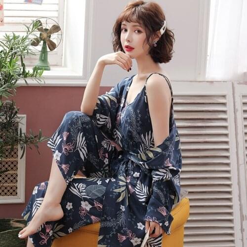 Spring And Summer Cool Comfort Breathable New Cotton Silk Home Clothes Casual Women Strap Trousers NightgownThree-Piece Suit