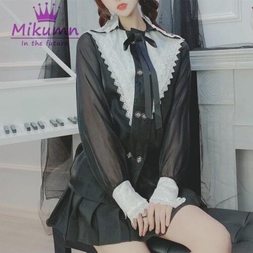 New Style Harajuku Women Blouses Vintage Black White Lace Chiffon Gothic Shirts Long Sleeve Female Tops Shirts Blusas Femininas