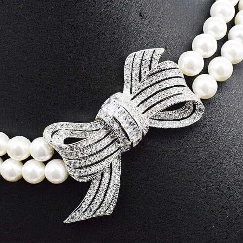 New style natural 2rows 8-9mm white freshwater pearl micro Bowknot inlay zircon accessories necklace fine jewelry