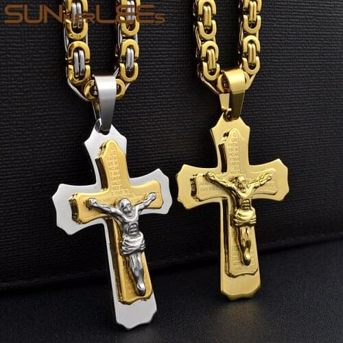 SUNNERLEES Stainless Steel Jesus Christ Cross Pendant Necklace Byzantine Link Chain Silver Color Gold Plated Men Boy SP216