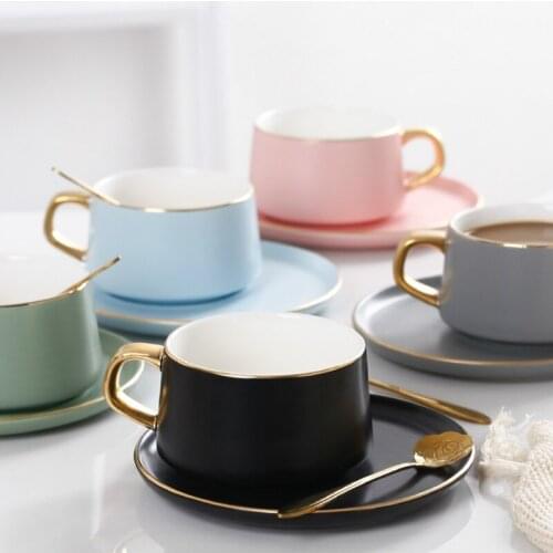 Simple Modern Ceramic Tea Cup Set Saucer Spoon Gold Rim Portable Coffee Cup Set Vintage Tazas De Cafe Kitchen Supplies EB50BD