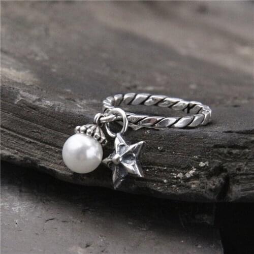 Silver S925 pure silver restoring ancient ways is han edition With pendant six-pointed star ms pearl Thai silver ring