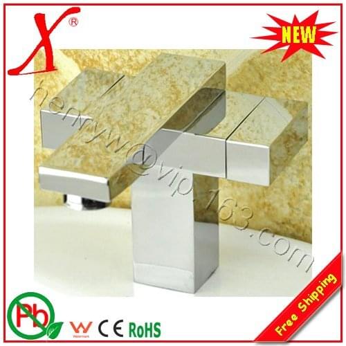 X12048B1- Deck Mounted Chrome Finish Brass Double Handle Basin Faucet Mixer Tap
