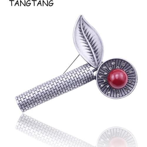 TANGTANG Leaf Brooch For Women Tin Alloy Brooch Black Plating Jewelry Pin And Brooch Grey Simulated Pearl And Red Nature Stone