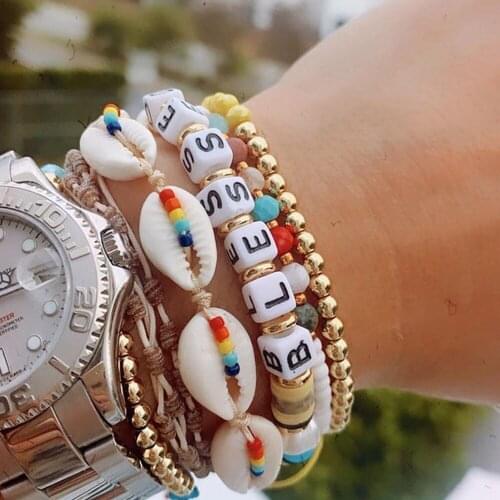 Bohemian Women Handmade Shell Bracelets Beads Candy Color Beads Letter Bracelet Natural Freshwater Pearl Soft Pottery Bangle