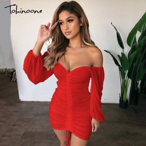 Tobinoone Short Party Dress Puff Sleeve Single Pleated Sheath Mini Dress Black Ladies Nightclub Wear Long Sleeve Women Dress