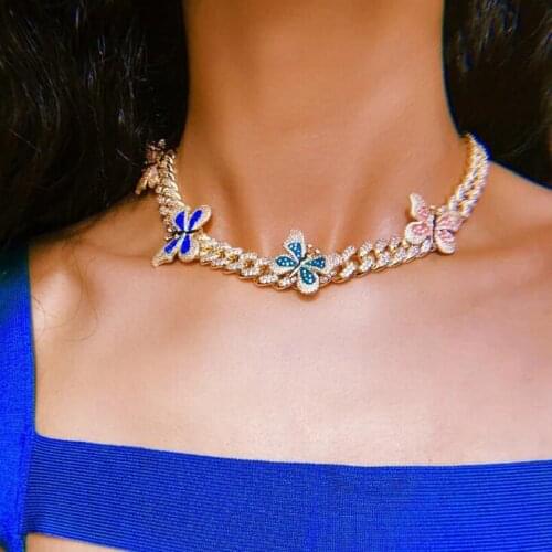 12mm enamel multi color butterfly women jewelry iced out bling cz colorful cubic zirconia butterfly charm cuban choker necklace
