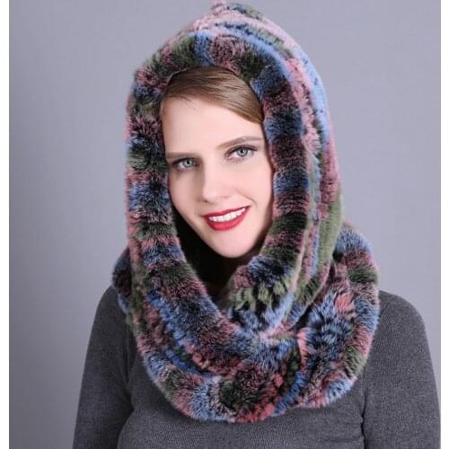 Winter Women Hat Scarf Integrated RexRabbit Fur Beanie Female Bomber Hat Fur Hooded Scarves Warm Knit Genuine Fur Caps Scarf