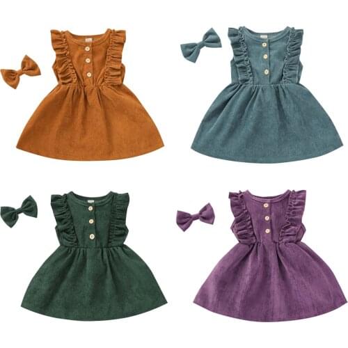 2021 New Spring 6M-5Y Baby Girl 2Pcs Set Corduroy Ruffled Sleeveless Single Breasted Dress+Bow Hairpin Children Clothes 4 Colors