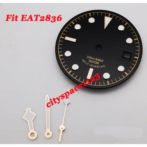 30.5mm Sterile Black Luminous Watch Dial watch hand fit ETA 2836 Movement Watch Parts