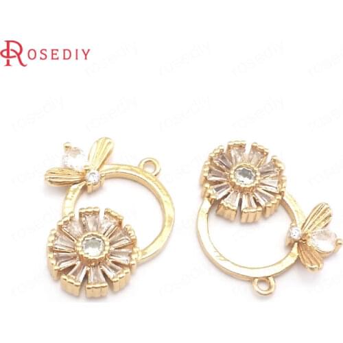 39956)6PCS 18x22MM 24K Champagne Gold Color Brass and Zircon with Bee Flower Charms Pendants Jewelry Making Supplies Findings