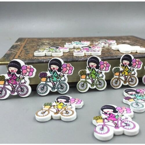 DIY 80pcs Wooden girl bicycle sewing Buttons scrapbooking Crafts Mixed color 26mm