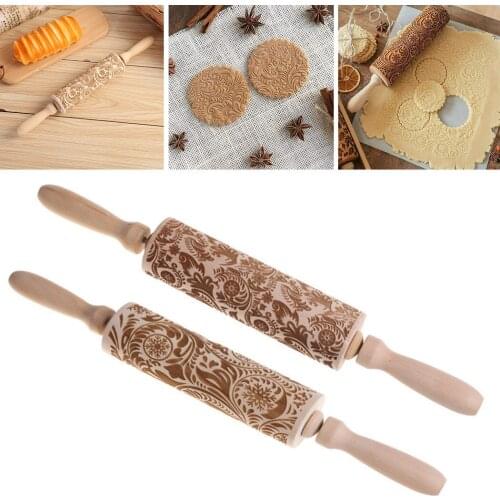 Wood Embossing Rolling Pin Fondant Dough Vintage Pattern Engraved Roller Stick Baking Pastry Tool Baking Christmas Accessories
